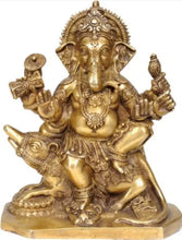 Load image into Gallery viewer, 8"H Hindu Feng Shui Lucky Wealth Success Blessing Ganesha on Rat Brass Statue Home/Office Decor Sculpture Craft Living Room TV Cabinet Fortune Ornament Housewarming Gift
