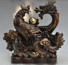 Load image into Gallery viewer, 11"H Chinese Feng Shui Good Fortune Wealth Lucky Dragon-Phoenix Copper Bronze Statue Home/Office Decor Sculpture Craft Living Room TV Cabinet Fortune Ornament Housewarming Gift