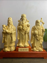Load image into Gallery viewer, Chinese Feng Shui Good Fortune Wealth Blessing Fu Lu Shou 3 Gods Fortune Wood Craft Statue Home/Office Decor Sculpture Craft Living Room TV Cabinet Fortune Ornament Housewarming Gift