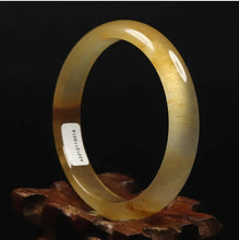 Load image into Gallery viewer, 10% OFF- 54/55/56mm Certified Natural Icy Yellow Gold Silk Jadeite Emerald A*Jade Handcarved Original Lucky Bracelet Bangle A2814