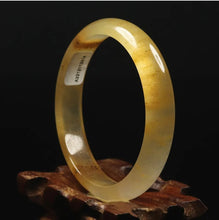 Load image into Gallery viewer, 10% OFF- 54/55/56mm Certified Natural Icy Yellow Gold Silk Jadeite Emerald A*Jade Handcarved Original Lucky Bracelet Bangle A2814