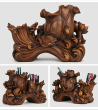 Load image into Gallery viewer, Chinese Feng Shui Good Fortune Wealth Double Pen Holder Gold Money Power Eagle Statue Home/Office Decor Sculpture Craft Living Room TV Cabinet Fortune Ornament Housewarming Gift