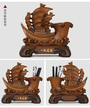 Load image into Gallery viewer, Chinese Feng Shui Good Fortune Wealth Double Pen Holder Gold Money Wealth Boat Statue Home/Office Decor Sculpture Craft Living Room TV Cabinet Fortune Ornament Housewarming Gift