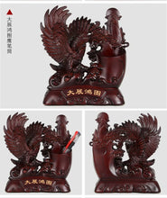 Load image into Gallery viewer, Chinese Feng Shui Good Fortune Wealth Double Pen Holder Gold Money Power Eagle Statue Home/Office Decor Sculpture Craft Living Room TV Cabinet Fortune Ornament Housewarming Gift