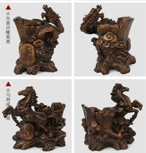 Load image into Gallery viewer, Chinese Feng Shui Good Fortune Wealth Double Pen Holder Gold Money Wealth Boat Statue Home/Office Decor Sculpture Craft Living Room TV Cabinet Fortune Ornament Housewarming Gift
