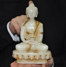 Load image into Gallery viewer, 8" Chinese Feng Shui Good Fortune Wealth Blessing Gold Buddha Jade Statue Home/Office Decor Sculpture Craft Living Room TV Cabinet Fortune Ornament Housewarming Gift