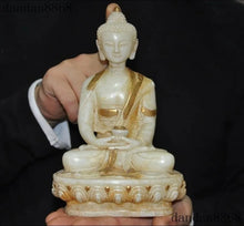 Load image into Gallery viewer, 8" Chinese Feng Shui Good Fortune Wealth Blessing Gold Buddha Jade Statue Home/Office Decor Sculpture Craft Living Room TV Cabinet Fortune Ornament Housewarming Gift