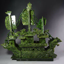 Load image into Gallery viewer, 14.57in/370mm H- Chinese Genuine Natural Green Jade HandCarved Dragon Boat Statue