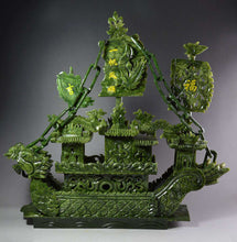 Load image into Gallery viewer, 14.57in/370mm H- Chinese Genuine Natural Green Jade HandCarved Dragon Boat Statue