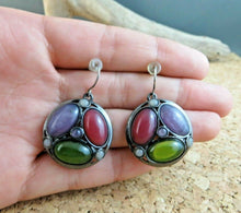 Load image into Gallery viewer, 10% OFF- Vintage Certified Natural Jadeite Red Purple Green Emerald A*Jade Handcarved A Pair of Lucky Jade Hook Earrings
