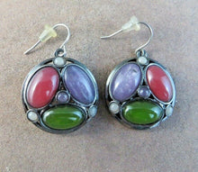 Load image into Gallery viewer, 10% OFF- Vintage Certified Natural Jadeite Red Purple Green Emerald A*Jade Handcarved A Pair of Lucky Jade Hook Earrings