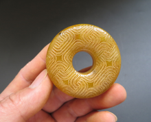 Load image into Gallery viewer, 10% OFF- Certified Natural Gold Emerald A*Jade HandCarved Lucky Safety Donut Pendant A88