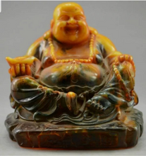Load image into Gallery viewer, 3.6''H- Chinese Natural Antique Exquisite GEOMANTIC AMBER Handcarved Sculpture Blessing Happy Buddha Statue