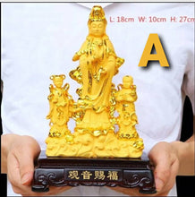 Load image into Gallery viewer, Chinese Feng Shui Lucky Wealth Gold Blessing Guanyin Statue Home/Office Decor Sculpture Craft Living Room TV Cabinet Fortune Ornament Housewarming Gift
