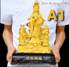 Load image into Gallery viewer, Chinese Feng Shui Lucky Wealth Gold Blessing Guanyin Statue Home/Office Decor Sculpture Craft Living Room TV Cabinet Fortune Ornament Housewarming Gift