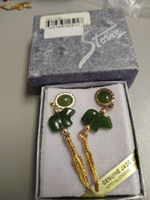 Load image into Gallery viewer, 10% OFF- Certified Storrs Genuine Natural Emerald A*Jade Pair of NIB Storrs Vintage Jade Veritable Polar Bear Gold Feather Post Earrings