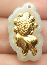 Load image into Gallery viewer, Certified Natural Gold &amp; Icy Jadeite Emerald A*Jade HandCarved Tablet Gold Fish Pendant N0769 with Gift Box