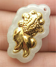 Load image into Gallery viewer, Certified Natural Gold &amp; Icy Jadeite Emerald A*Jade HandCarved Tablet Gold Fish Pendant N0769 with Gift Box