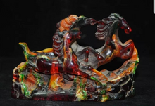 Load image into Gallery viewer, 5.43''L- Chinese Natural Antique Exquisite GEOMANTIC AMBER Handcarved Sculpture Lucky 3 HORSES Success Feng Shui Statue