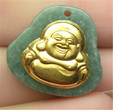 Load image into Gallery viewer, Certified Natural Gold &amp; Icy Jadeite Emerald A*Jade HandCarved Tablet Happy Buddha 佛 Pendant N6447 with Gift Box