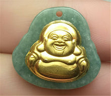 Load image into Gallery viewer, Certified Natural Gold &amp; Icy Jadeite Emerald A*Jade HandCarved Tablet Happy Buddha 佛 Pendant N6447 with Gift Box