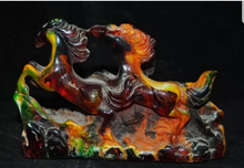 Load image into Gallery viewer, 5.43''L- Chinese Natural Antique Exquisite GEOMANTIC AMBER Handcarved Sculpture Lucky 3 HORSES Success Feng Shui Statue