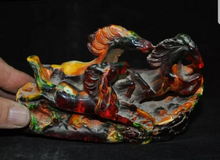 Load image into Gallery viewer, 5.43''L- Chinese Natural Antique Exquisite GEOMANTIC AMBER Handcarved Sculpture Lucky 3 HORSES Success Feng Shui Statue