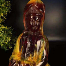 Load image into Gallery viewer, 7.3''H- Chinese Natural Antique Exquisite GEOMANTIC AMBER Handcarved Sculpture Guanyin Statue
