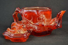 Load image into Gallery viewer, 7.15''L- Chinese Natural Antique Exquisite GEOMANTIC AMBER Handcarved Sculpture Lucky Teapot Statue