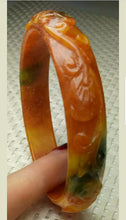 Load image into Gallery viewer, 56/57/58mm Certified Natural Red Orange Yellow Jadeite Emerald A Jade HandCarved Rabbit Coin Bracelet Bangle GX3149