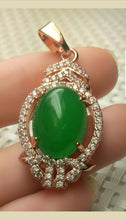 Load image into Gallery viewer, 10% OFF- Certified Natural Jadeite Emerald A*Jade Handcrafted Oval Pendant-Rose GP 925 Sterling Silver Necklace