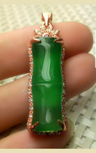 Load image into Gallery viewer, 10% OFF- Certified Natural Jadeite Emerald A Jade Handcrafted Lucky Bamboo Rose GP 925 Sterling Silver Pendant