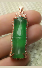 Load image into Gallery viewer, 10% OFF- Certified Natural Jadeite Emerald A Jade Handcrafted Lucky Bamboo Rose GP 925 Sterling Silver Pendant