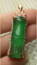 Load image into Gallery viewer, 10% OFF- Certified Natural Jadeite Emerald A Jade Handcrafted Lucky Bamboo Rose GP 925 Sterling Silver Pendant