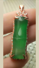 Load image into Gallery viewer, 10% OFF- Certified Natural Jadeite Emerald A Jade Handcrafted Lucky Bamboo Rose GP 925 Sterling Silver Pendant
