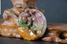 Load image into Gallery viewer, 10% OFF- Certified Natural Red and Green Jadeite Emerald Jade Handcarved Lucky 2 Dragons-Pixiu Pendant《Grade A》NO.C888