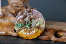 Load image into Gallery viewer, 10% OFF- Certified Natural Red and Green Jadeite Emerald Jade Handcarved Lucky 2 Dragons-Pixiu Pendant《Grade A》NO.C888