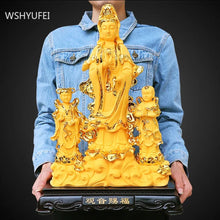 Load image into Gallery viewer, Chinese Feng Shui Lucky Wealth Gold Blessing Guanyin Statue Home/Office Decor Sculpture Craft Living Room TV Cabinet Fortune Ornament Housewarming Gift
