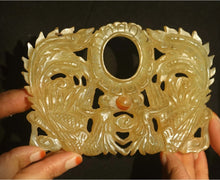 Load image into Gallery viewer, 5.1" L -Chinese Antique Feng Shui Wealth Natural Jade Handcrafted Lucky Hollowed Out Double Phoenix Bi Statue Home/Office Decor Sculpture Craft Living Room TV Cabinet Fortune Ornament Housewarming Gift