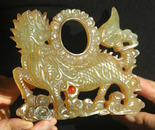 Load image into Gallery viewer, 5.4" L -Chinese Antique Feng Shui Wealth Natural Jade Handcrafted Lucky Hollowed Out Dragon/Kylin/Lion Bi Statue Home/Office Decor Sculpture Craft Living Room TV Cabinet Fortune Ornament Housewarming Gift