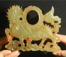 Load image into Gallery viewer, 5.4" L -Chinese Antique Feng Shui Wealth Natural Jade Handcrafted Lucky Hollowed Out Dragon/Kylin/Lion Bi Statue Home/Office Decor Sculpture Craft Living Room TV Cabinet Fortune Ornament Housewarming Gift