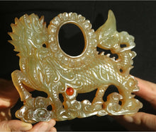 Load image into Gallery viewer, 5.4" L -Chinese Antique Feng Shui Wealth Natural Jade Handcrafted Lucky Hollowed Out Dragon/Kylin/Lion Bi Statue Home/Office Decor Sculpture Craft Living Room TV Cabinet Fortune Ornament Housewarming Gift