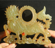 Load image into Gallery viewer, 5.4" L -Chinese Antique Feng Shui Wealth Natural Jade Handcrafted Lucky Hollowed Out Dragon/Kylin/Lion Bi Statue Home/Office Decor Sculpture Craft Living Room TV Cabinet Fortune Ornament Housewarming Gift