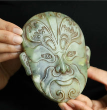 Load image into Gallery viewer, 4.9" L -Chinese Antique Feng Shui Wealth Natural Jade Handcrafted Wealth Blessing Lucky Mask Statue Home/Office Decor Sculpture Craft Living Room TV Cabinet Fortune Ornament Housewarming Gift