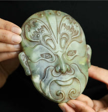 Load image into Gallery viewer, 4.9" L -Chinese Antique Feng Shui Wealth Natural Jade Handcrafted Wealth Blessing Lucky Mask Statue Home/Office Decor Sculpture Craft Living Room TV Cabinet Fortune Ornament Housewarming Gift