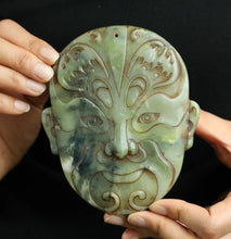 Load image into Gallery viewer, 4.9" L -Chinese Antique Feng Shui Wealth Natural Jade Handcrafted Wealth Blessing Lucky Mask Statue Home/Office Decor Sculpture Craft Living Room TV Cabinet Fortune Ornament Housewarming Gift