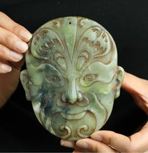 Load image into Gallery viewer, 4.9" L -Chinese Antique Feng Shui Wealth Natural Jade Handcrafted Wealth Blessing Lucky Mask Statue Home/Office Decor Sculpture Craft Living Room TV Cabinet Fortune Ornament Housewarming Gift