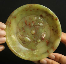 Load image into Gallery viewer, 3.9" H -Chinese Antique Feng Shui Wealth Natural Jade Handcrafted Wealth Blessing Lucky Lotus Flower Golden Fish  Statue Home/Office Decor Sculpture Craft Living Room TV Cabinet Fortune Ornament Housewarming Gift