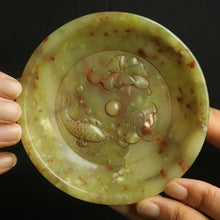 Load image into Gallery viewer, 3.9" H -Chinese Antique Feng Shui Wealth Natural Jade Handcrafted Wealth Blessing Lucky Lotus Flower Golden Fish  Statue Home/Office Decor Sculpture Craft Living Room TV Cabinet Fortune Ornament Housewarming Gift