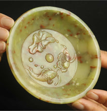 Load image into Gallery viewer, 3.9" H -Chinese Antique Feng Shui Wealth Natural Jade Handcrafted Wealth Blessing Lucky Lotus Flower Golden Fish  Statue Home/Office Decor Sculpture Craft Living Room TV Cabinet Fortune Ornament Housewarming Gift